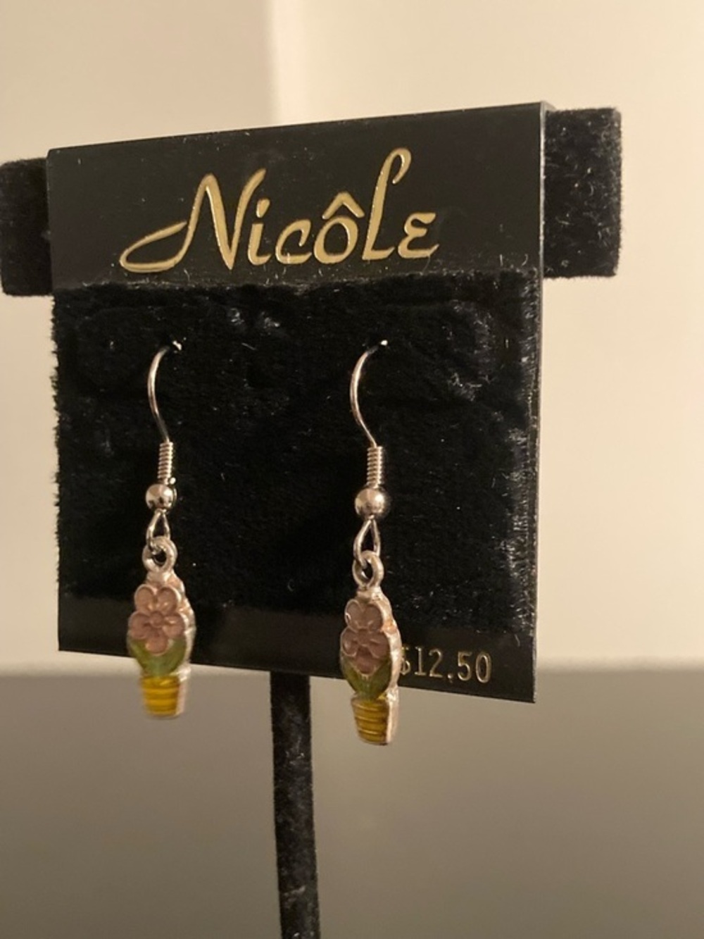 Nicole Pink Flower and Green Leaf Dangle Earrings - Silver Tone
